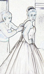 Zipping up the Bride's dress before the wedding.